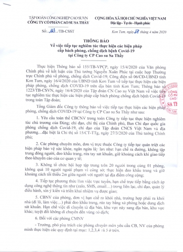 THÔNG BÁO về việc tiếp tục nghiêm túc thực hiện các biện pháp  cấp bách phòng, chống dịch bệnh Covid-19  tại Công ty CP Cao su Sa Thầy