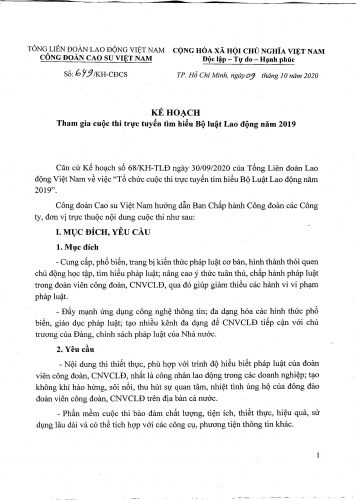 Kế hoạch tham gia cuộc thi tìm hiểu Bộ luật LĐ năm 2019