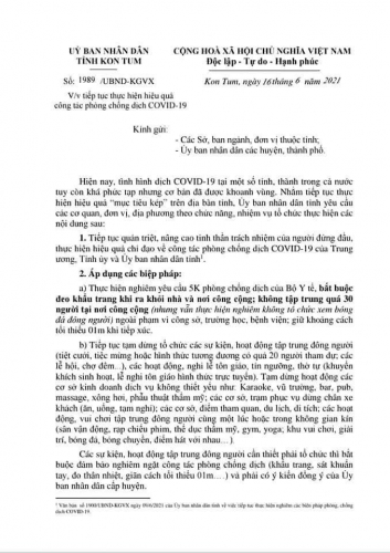 CV 1989/UBND-KGVX V/v tiếp tục thực hiện hiệu quả công tác phòng chống Covid-19