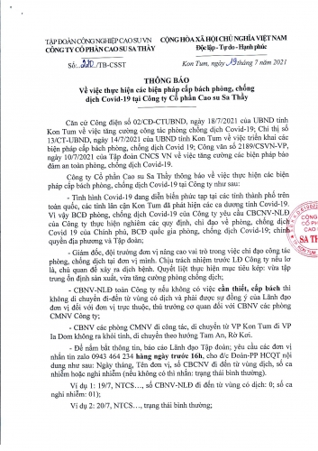 Thông báo số 220/TB-CSST vv thực hiện các biện pháp cấp bách về việc phòng, chống dịch Covid-19