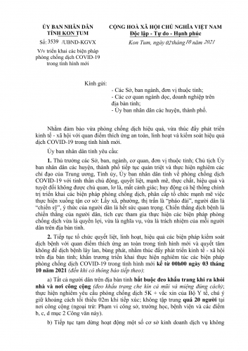 CV số 3539/UBND-KGVX, ngày 02/10/2021 VV triển khai các biện pháp phòng chống dịch Covid-19 trong tình hình mới